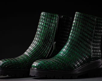 Handmade Green Woven Leather Boots: Patina Finish, Full Leather Lining, Stylish Ankle Boots