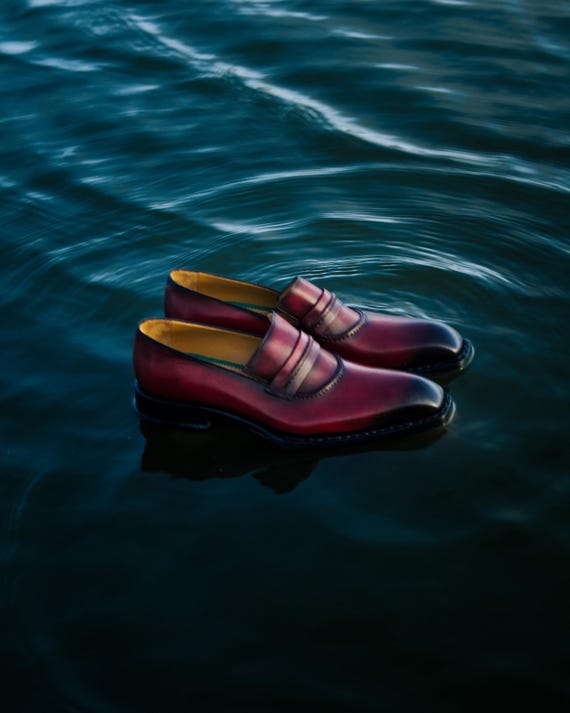 Handmade Patina Leather Loafers: Dual Strap Calf Leather Shoes, Classic Formal Footwear