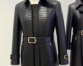 Alligator Trench Jacket, Red carpet jacket, designer Jacket, long leather jacket