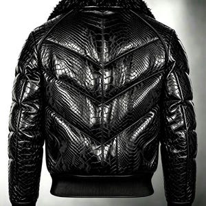 May include: A black jacket with a textured crocodile skin pattern and a chevron-stitched back design. The jacket features a black faux fur collar and black ribbed knit cuffs and hem, providing a structured silhouette with a glossy finish.