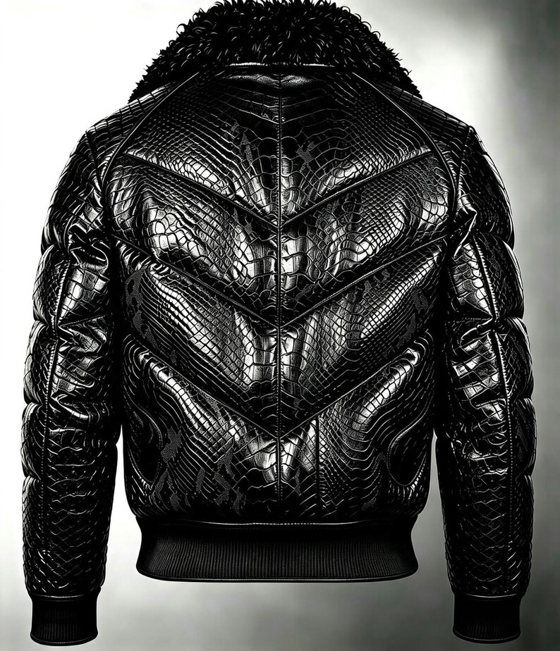 May include: A black jacket with a textured crocodile skin pattern and a chevron-stitched back design. The jacket features a black faux fur collar and black ribbed knit cuffs and hem, providing a structured silhouette with a glossy finish.