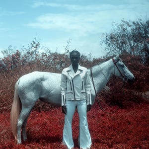 Peut inclure: Une personne porte une veste en cuir blanche avec des bordures noires et un pantalon évasé assorti, debout dans un champ d'herbe rouge à côté d'un cheval gris. Le ciel est bleu avec des nuages.
