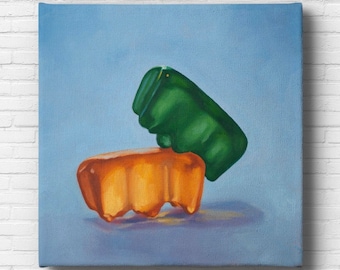 Gummy Bear Hump Stretched Canvas Art Print from oil painting – ready to hang sexy bear art for funny art honeymoon gifts.