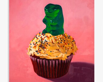 Gummy Bear Cupcake Art Print from oil painting - cute bear art makes a great birthday gift for anyone with a sweet tooth