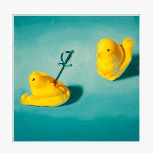 Impressão artística de Peeps fofos e assustadores de pintura a óleo - presente de aniversário de arte animal engraçado de frango marshmallow mole bebê