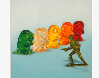 Gummy Bear Protest Art Print from oil painting - birthday gift for him or her who loves dark humor and toy soldiers