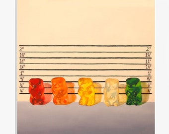 Gummy Bear Line Up - Art Print from original painting, great, funny gift for fans of crime novels, tv shows and the usual suspects.