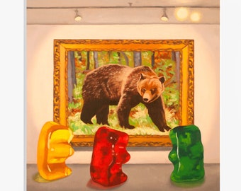 Art Gallery Gummy Bears Art Print from original painting, great, funny gift for fans of art school, museums, galleries & smart art candy