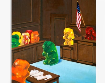 Gummy Bear Trial - art print from original painting, funny gift for lawyers, law students, judges, fans of tv court dramas & crime shows