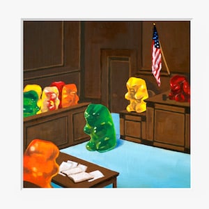 Procès de l&#39;ours gommeux - impression d&#39;art à partir d&#39;une peinture originale, cadeau amusant pour les avocats, les étudiants en droit, les juges, les fans de drames télévisés et d&#39;émissions policières