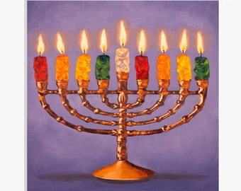 Gummy Bear Hanukkah Art Print from oil painting - Chanukah modern menorah celebrating the festival of lights Jewish holiday mazel tov