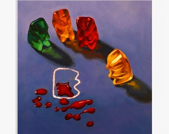 CSI Gummy Bear Art Print from original painting, unusual, funny & unique gift for lovers of crime tv shows, thrillers, mysteries and candy