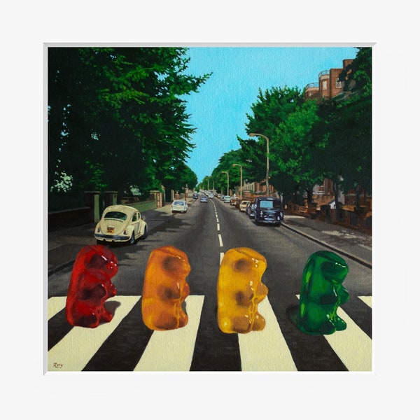 Abbey Road Gummy Bear Art Print from oil painting - Album Art parody, record art, John Lennon, Paul McCartney