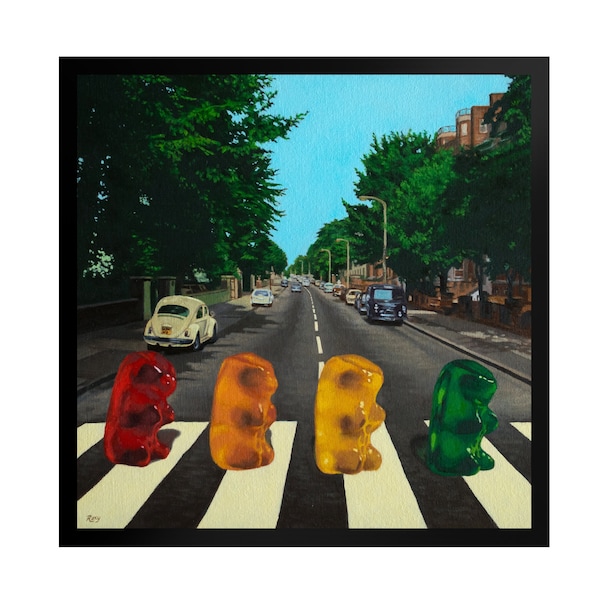 Abbey Road Gummy Bear Framed Art Print from oil painting ready to hang, Record Album parody art, John Lennon, Paul McCartney