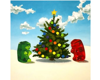 Gummy Bear Christmas Art Print from oil painting - cute bear art Christmas holiday gift