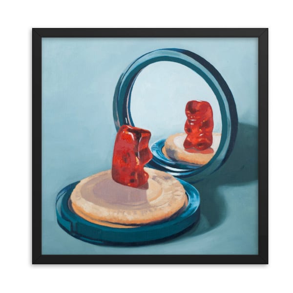 Gummy Bear Compact Mirror Framed Art Print à partir de peinture à l’huile prêt à accrocher mignon ours art maquillage amant ou maman cadeau de fils cadeau de fête des mères