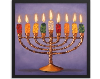 Stampa artistica incorniciata di Gummy Bear Hanukkah da dipinto a olio - Chanukah moderna menorah che celebra la festa delle luci, la festa ebraica Mazel Tov.