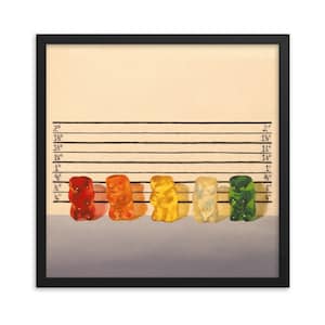 Gummy Bear Line Up Framed Art Print from oil painting - lawyer gift, law enforcement and fans of movie parody and The Usual Suspects.