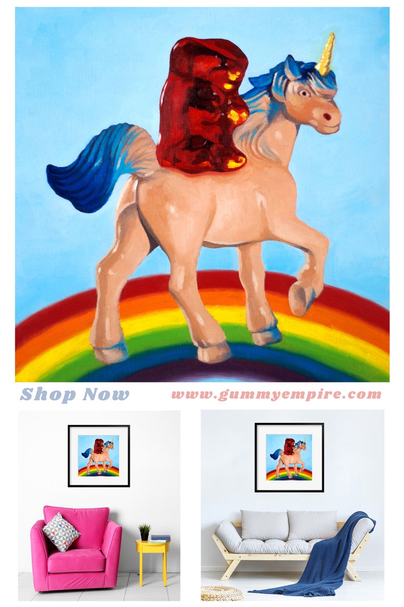 Gummy Bear Unicorn Art Print from original painting. Fun, gift for kids, adults and bronies who love, humor, friendship rainbows and candy image 2