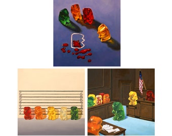Set of 3 Gummy Bear Art Prints from oil painting - Law and Order art print set gift for judge or mom gift from son