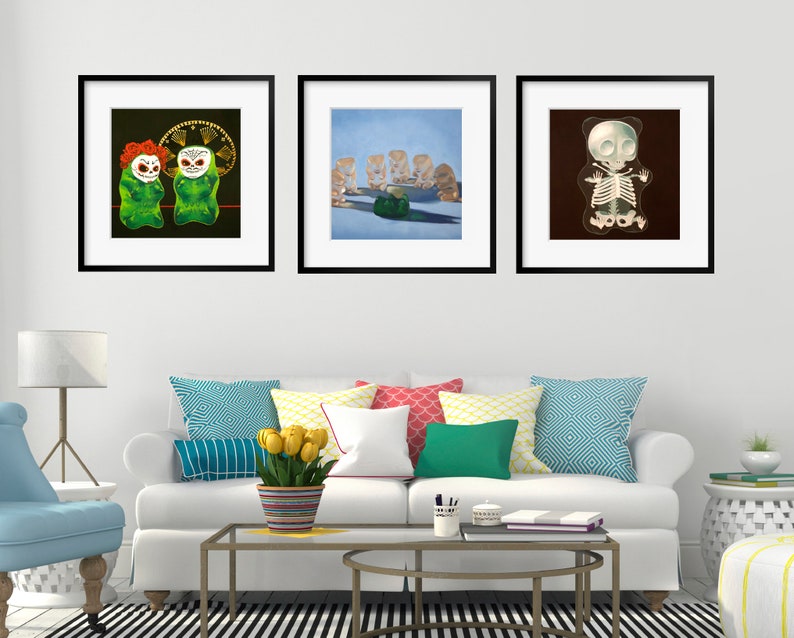 Gummy Bear Art Creepy Cute Set of 3 Prints from oil painting 3 piece wall art dark humor gift for doctor day of the dead or funny goth image 9