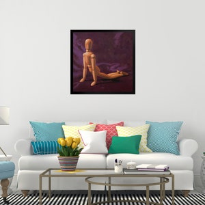 May include: A wooden artist's mannequin posed in a yoga position on a purple background. The mannequin is made of wood and has a natural finish.