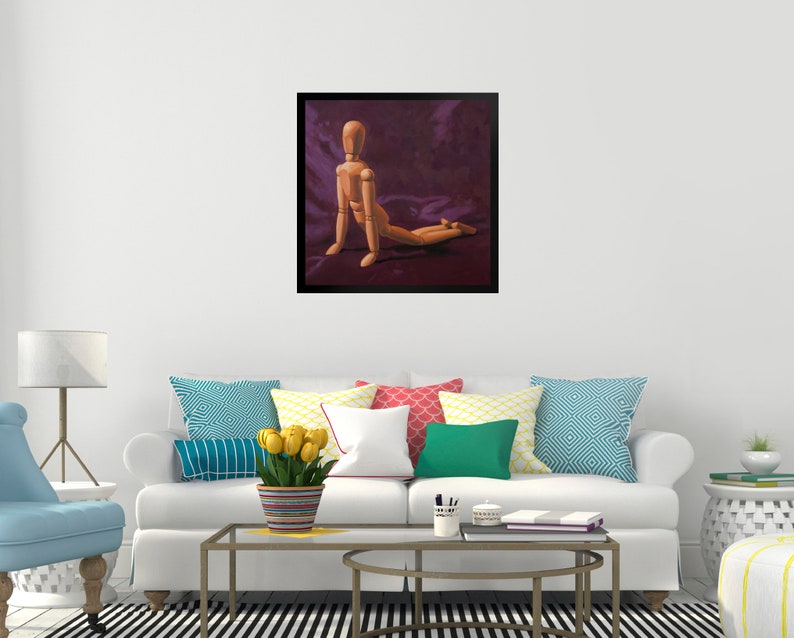 May include: A wooden artist's mannequin posed in a yoga position on a purple background. The mannequin is made of wood and has a natural finish.