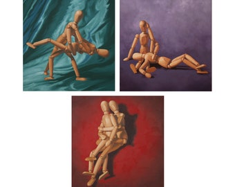 Wood Manikin Art Dolls Set of 3 Prints from oil paintings - 3 piece wall art makes great anniversary gift or bedroom wall art