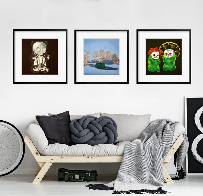 Gummy Bear Art Creepy Cute Set of 3 Prints from oil painting 3 piece wall art dark humor gift for doctor day of the dead or funny goth image 7