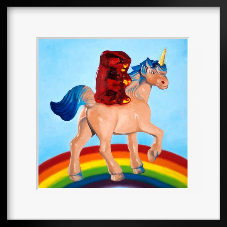 Gummy Bear Unicorn Art Print from original painting. Fun, gift for kids, adults and bronies who love, humor, friendship rainbows and candy image 1