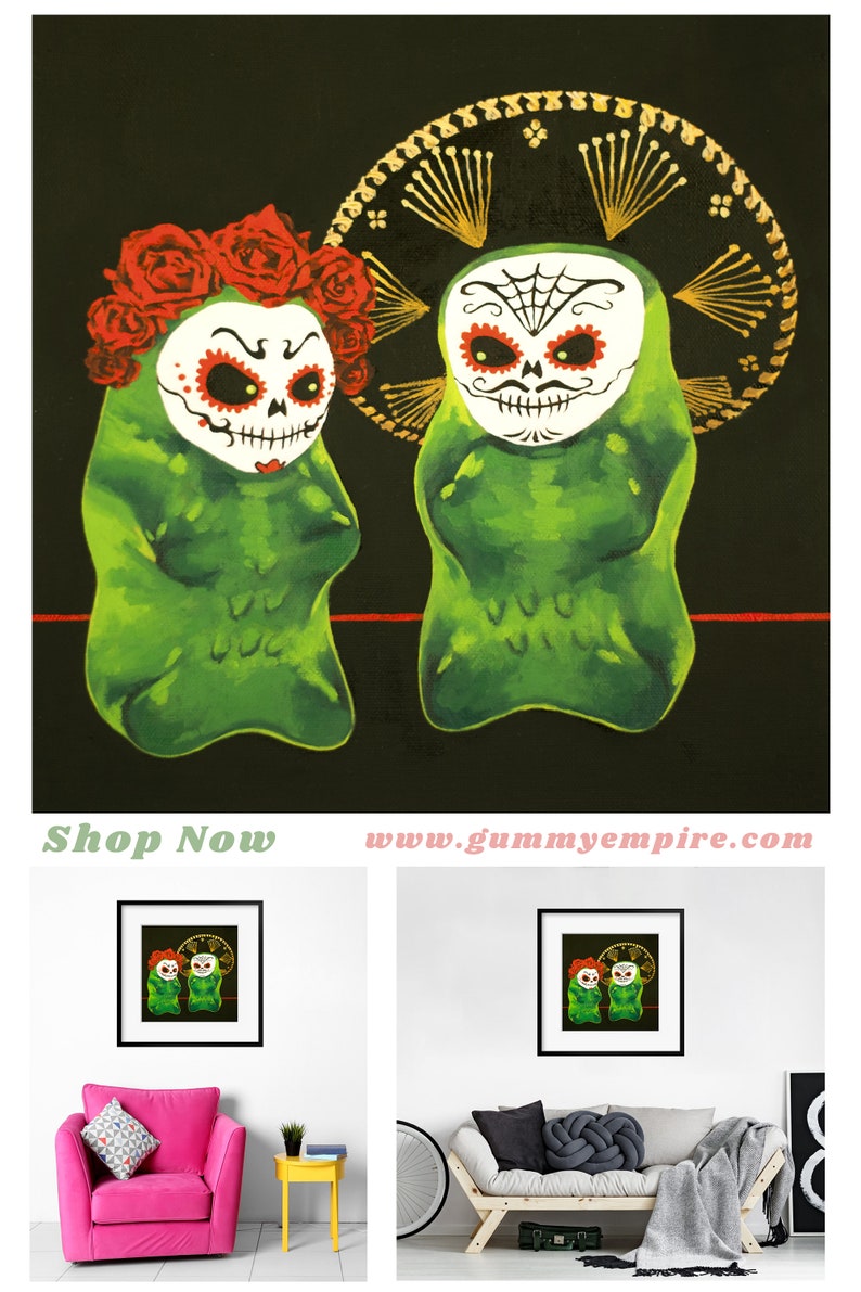 Gummy Bear Day Of The Dead art print from oil painting Dia de los Muertos creepy cute Mexican art print with sugar skull design image 2