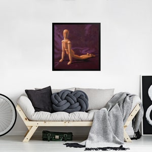 May include: A wooden artist's mannequin posed in a kneeling position on a purple background. The mannequin is made of wood and has a natural finish.