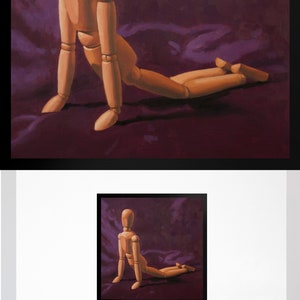 May include: A wooden artist's mannequin posed in a kneeling position on a purple background. The mannequin is made of wood and has a natural finish.