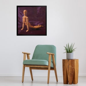 May include: A wooden artist's mannequin posed in a yoga position on a purple background. The mannequin is made of natural wood and has a realistic human form.