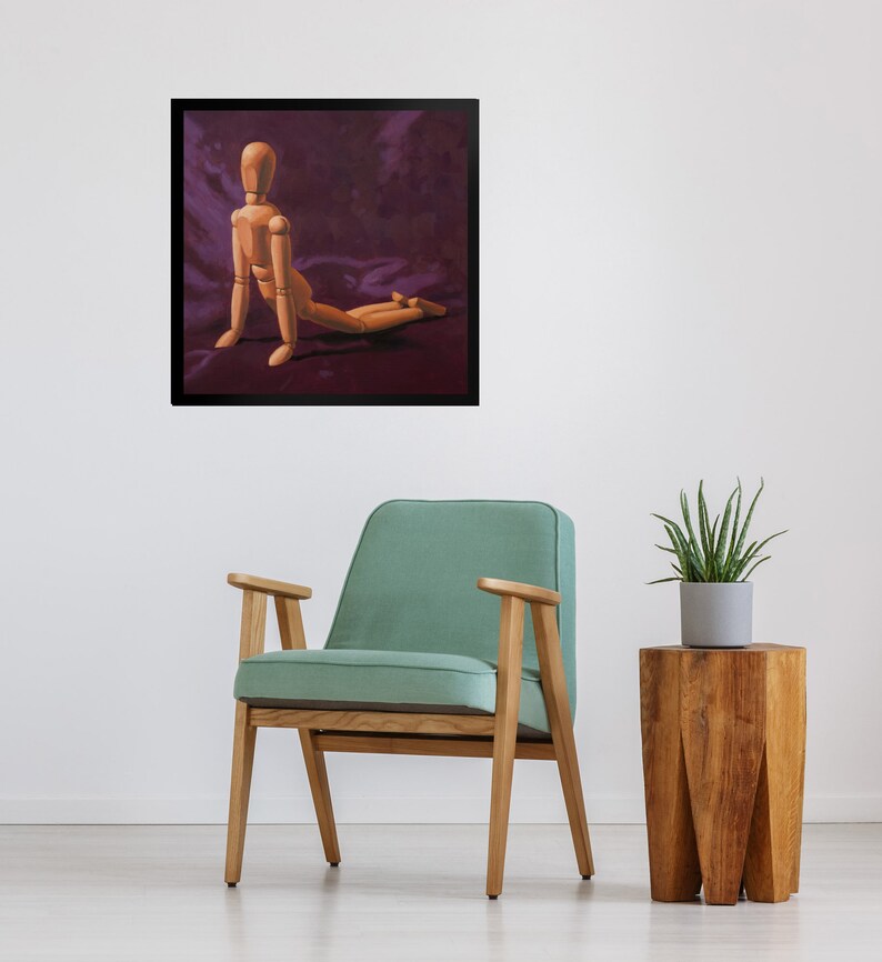 May include: A wooden artist's mannequin posed in a yoga position on a purple background. The mannequin is made of natural wood and has a realistic human form.