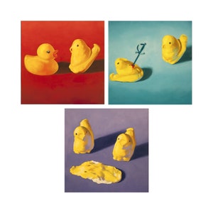 Squishy Peeps Art Set of 3 prints from oil painting - Creepy cute peep show 3 piece wall art for funny animal art birthday gift