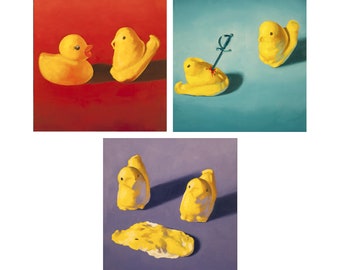 Squishy Peeps Art Set of 3 prints from oil painting - Creepy cute peep show 3 piece wall art for funny animal art birthday gift