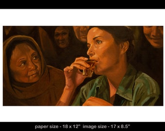 Raiders of the lost Ark art print from oil painting - Marion Ravenwood drinking contest. Great gift for fans of 80's films or action movies.