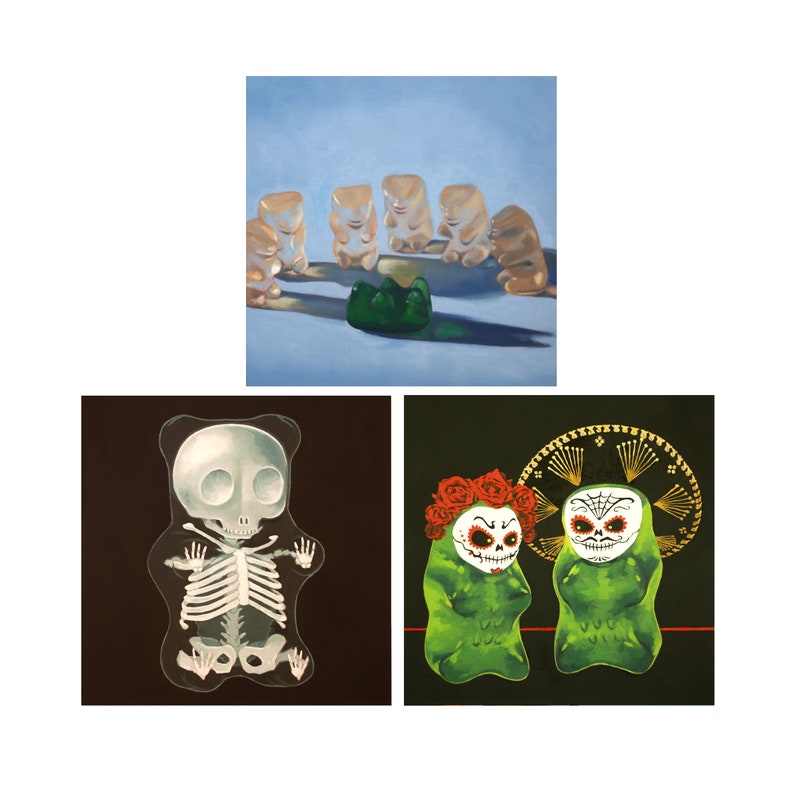 Gummy Bear Art Creepy Cute Set of 3 Prints from oil painting 3 piece wall art dark humor gift for doctor day of the dead or funny goth image 1