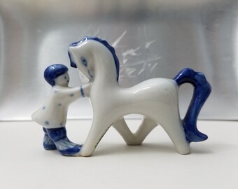 Very rare soviet Porcelain figurine white blue Horse stallion Gzhel cobalt hand painting Russia USSR 1970-80s