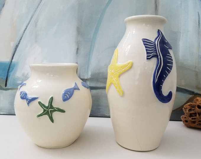 Beach Seaside Signed Island Decoration Fish 2 Vases Sold in a pair Vintage St Barth Starfish Seahorse