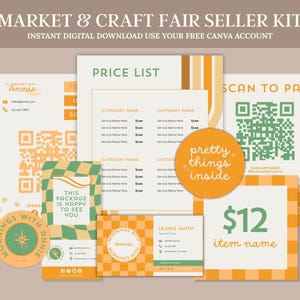 May include: A digital market and craft fair seller kit with a retro color scheme. Includes a price list, business cards, QR codes, and a sticker that says "pretty things inside." The kit is a digital download.