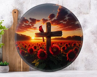 Cardinal On A Cross Round Glass Cutting Board - Ideal Gift for bird Lovers, Kitchen Decor, Wedding Gift, Personalized