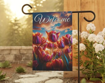 Sunset Tulip Field Welcome Garden Flag | House Banner
