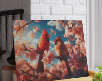 Springtime Cardinal Glass Cutting Board, Kitchen Decor, Nature Gift, Bird Lovers, Floral Home Decor, Mother's Day Gift, Culinary Serving