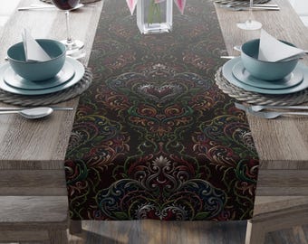 Vintage Damask Pattern Table Runner | Dark Floral Paisley