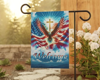 Patriotic Garden Banner | Welcome Flag, Outdoor Home Decor, Independence Day Decoration, Floral Yard Sign, Eagle Wall Hanging