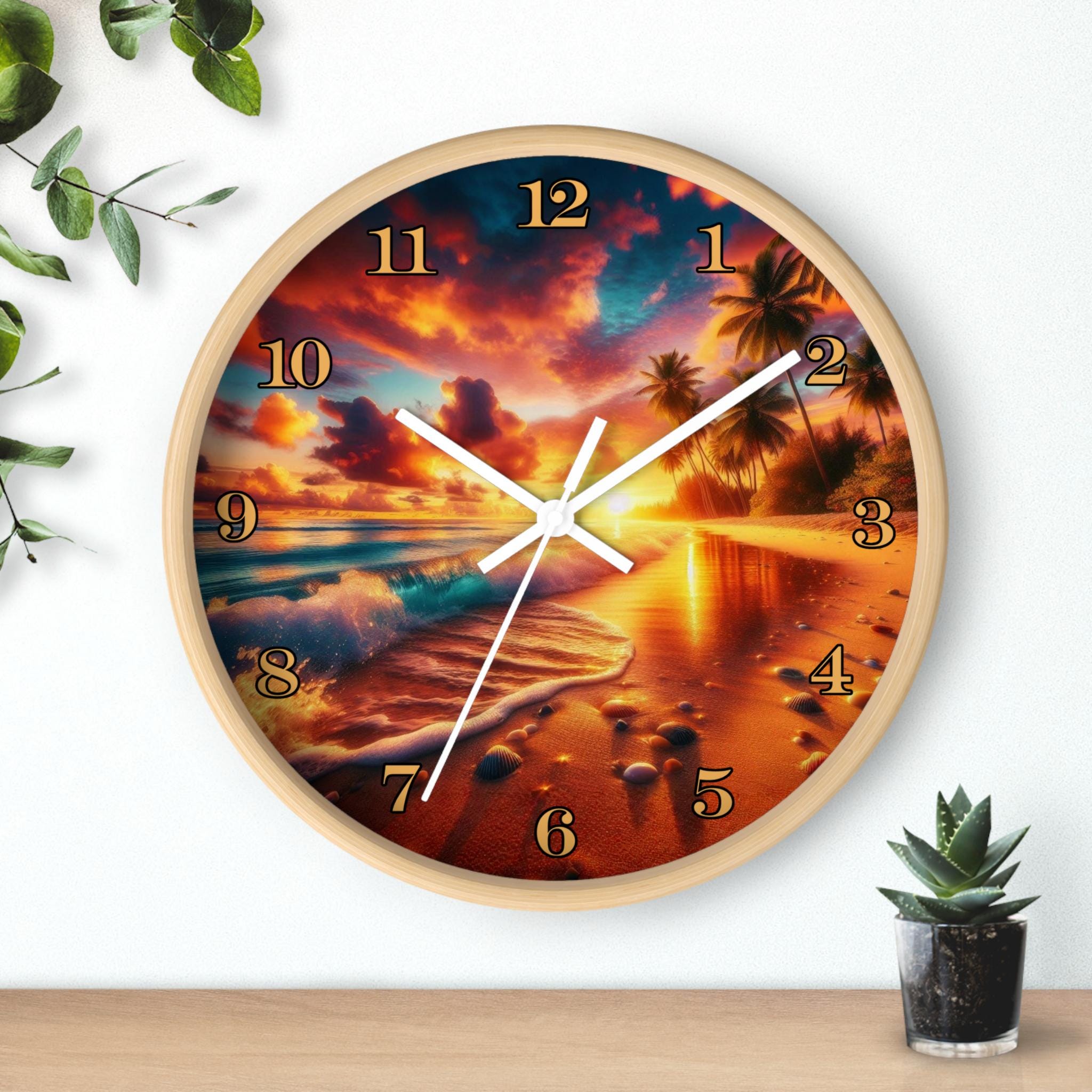 Tropical Sunset Beach Wall Clock | Palm Trees, Ocean Waves, Sunset Sky ...