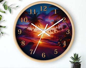 Tropical Sunset Wall Clock, Home Decor, Tropical Home Accent, Ocean Vibe Clock, Nautical Decoration
