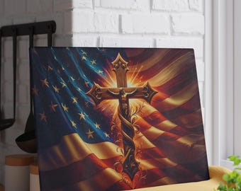 US Flag Glass Cutting Board, Kitchen Decor, Religious Gift, Home Decor, Mother's Day Gift, Father's Day Gift, Culinary Serving